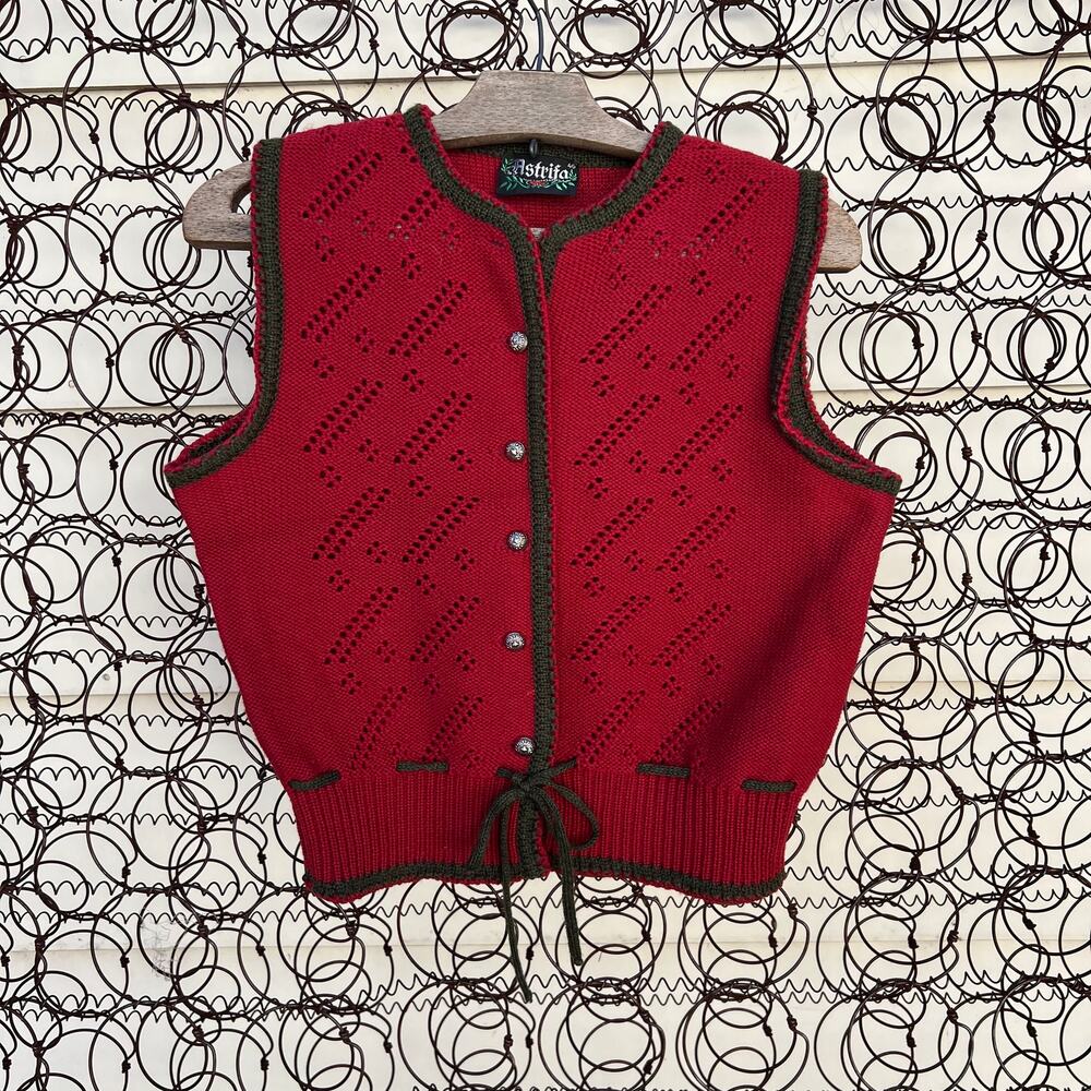 Vintage Astrifa Traditional Alpine red wool open knit sweater vest